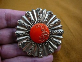 (z22-14) Red gold flower design Czech glass button art deco brass brooch pin - £18.36 GBP