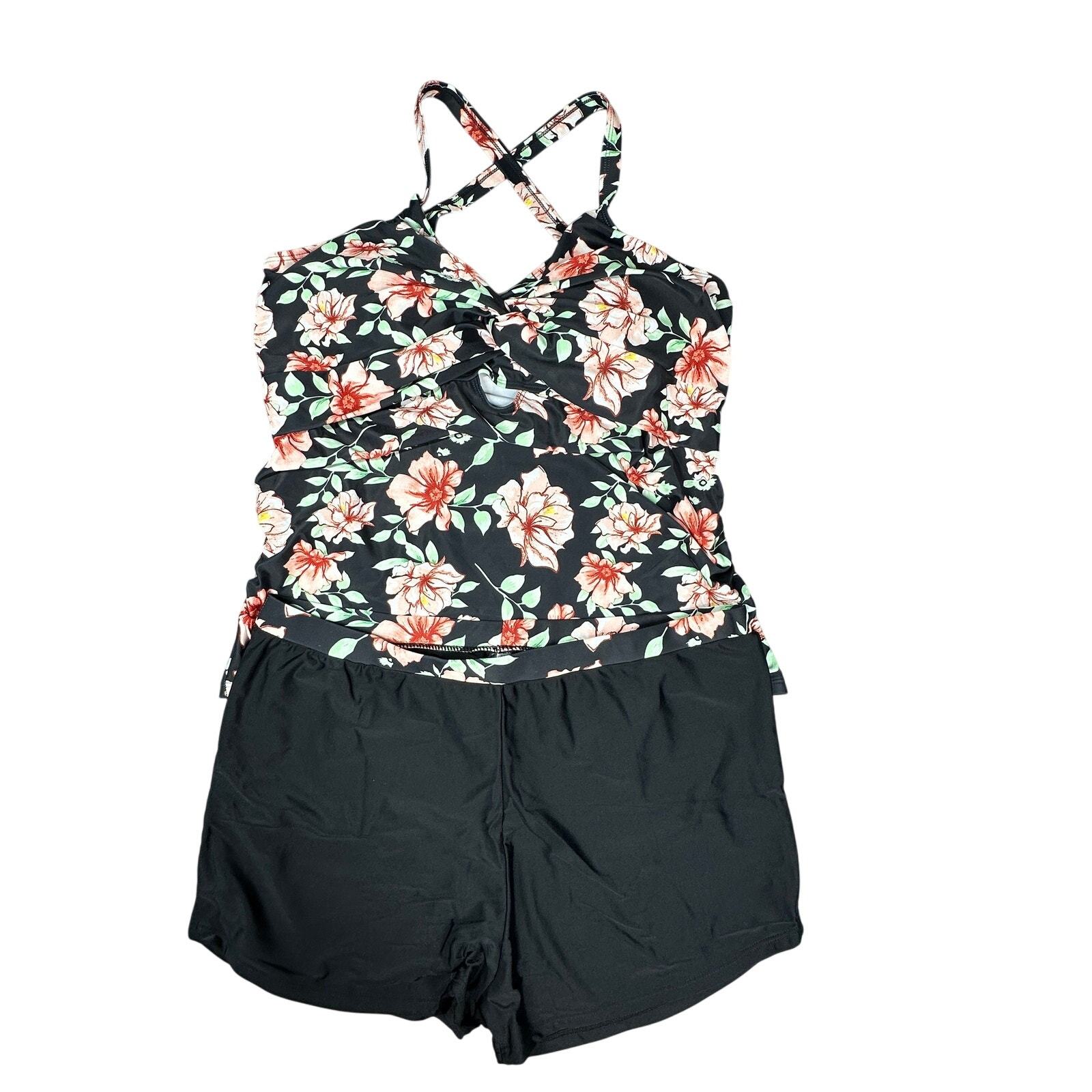 Grace Karin Tankini SwimSuit Womens 2XL Black Floral 2 Piece Shorts Cris... - £22.50 GBP
