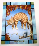 Art Glass Pane Gary Patterson Titled &quot;Autumn&quot; Fall Lazy Cat Tree Squirre... - $463.92 MXN