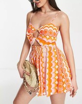 River Island 70s print ring trim beach romper in orange Size Small Hidden Shorts - £22.14 GBP