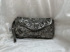 Silver Beaded Sequins Art Deco Lux Clutch Evening Bag Holiday Party - $373.49 MXN