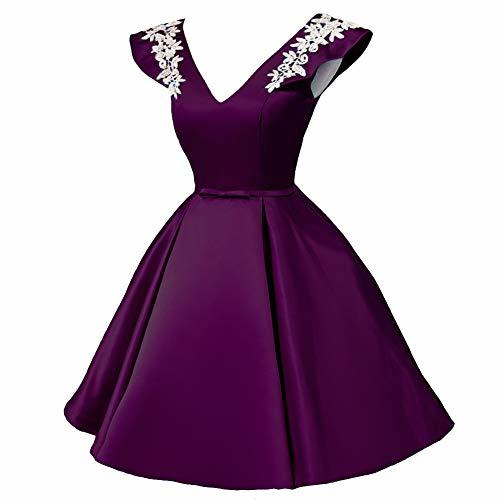 V Neck White Lace Short Satin Formal Prom Homecoming Dress Cocktail Purple US 16