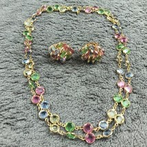 Swarovski Necklace Multicolored Crystal Bezel Goldtone Pastel w Matching... - $92.57