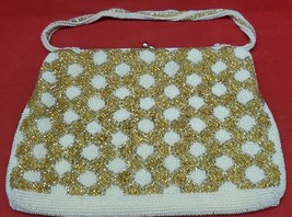 Vintage Gold and White Beaded Handbag Lined 8&quot; x 5.5&quot; Made in Korea - $19.87