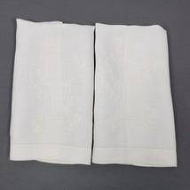 Vintage Bird Cage Tea Towel SET Hand Embroidery 19x13 Inch Off White - $22.44