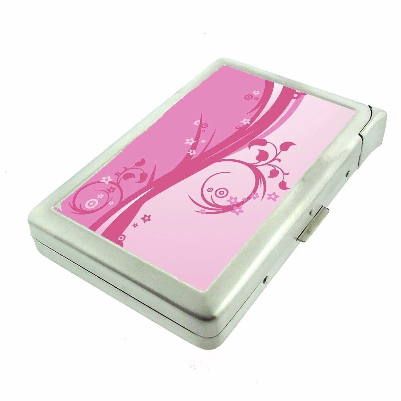 Pink Girly Glam Design Cigarette Case w/Built in Lighter Metal Wallet y2k