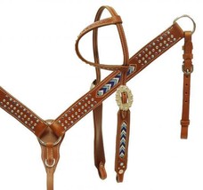 Western Saddle Horse Blue Beaded Leather Tack Set Bridle + Breast Collar - £69.55 GBP