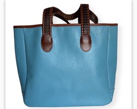 Waterbury Leatherworks Luxe Leather tote bag turquoise blue woven handle... - $98.01