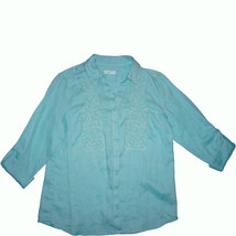 Charter Club Women Long Sleeve Linen Beaded Embroidered Shirt Mint Aqua Medium - £36.35 GBP