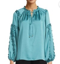 Pioneer Woman Teal Micro Ruffle Peasant Blouse Top Women&#39;s Size Large New - $16.82