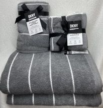 DKNY Gray Bath Towels White Stripe highly absorbent,  super soft 9Pc Set - £65.86 GBP