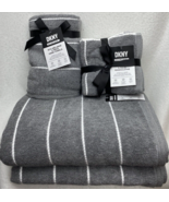 DKNY Gray Bath Towels White Stripe highly absorbent,  super soft 9Pc Set - £60.08 GBP