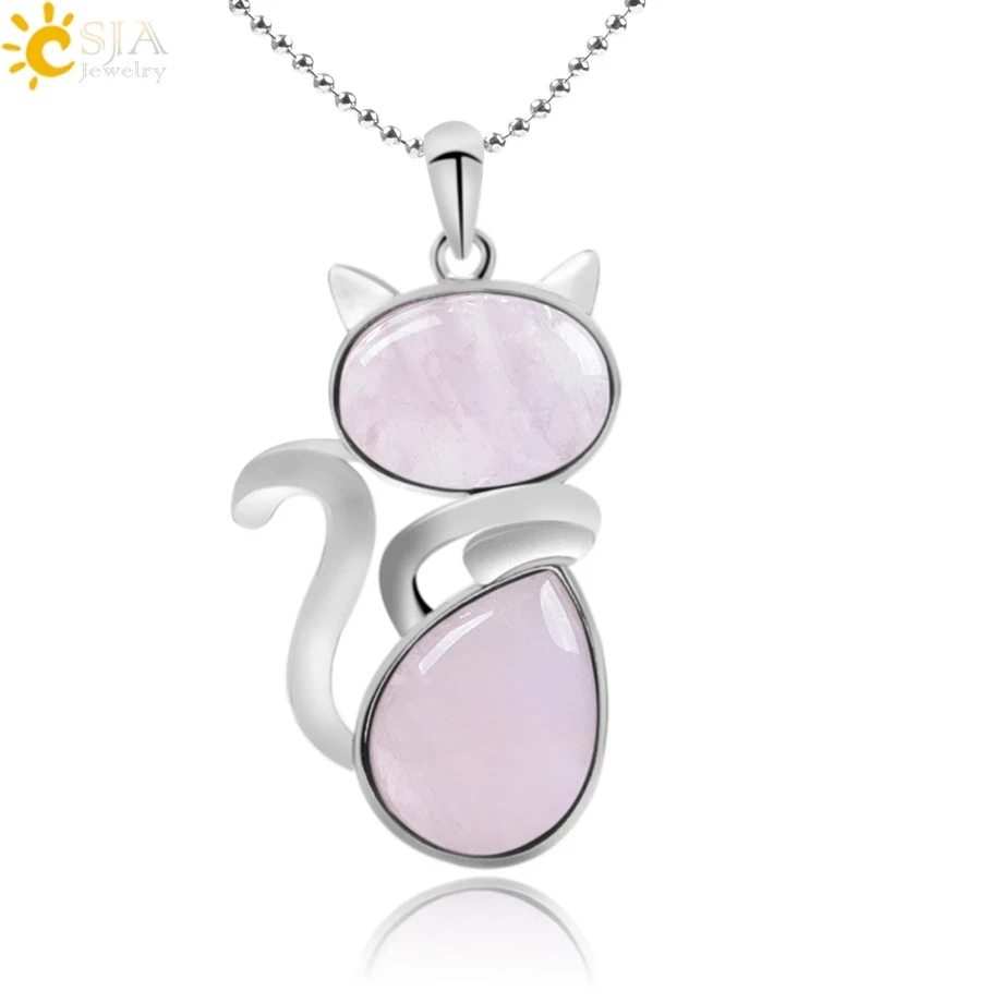 CSJA Reiki Natural Stone Necklaces Pink Quartz Pendants for Women Girl Cute Cat - £9.70 GBP+