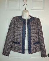 Women&#39;s Ann Taylor Tweed Open Jacket Blue Denim Trim Fringe Hem/Cuff Size 0 - $28.49