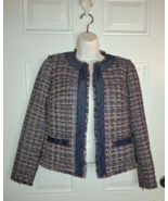 Women&#39;s Ann Taylor Tweed Open Jacket Blue Denim Trim Fringe Hem/Cuff Size 0 - $28.49