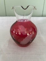 Vintage Cranberry To Clear Floral Etched Cut Hand Blown Glass Vase - $16.00