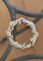 Gold Tone Aurora Borealis Rhinestone Wreath Vintage Brooch Pin - $8.91