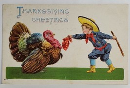 Thanksgiving Greetings Boy Tries to Put Bow on Turkey Embossed Postcard S15 - £3.87 GBP