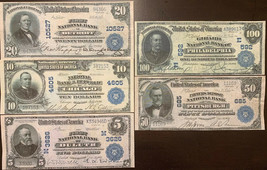 Reproduction Set 1902 National Bank Notes $5-$100 Bills Assorted Banks Copies US - £11.24 GBP