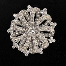 Vintage Liz Claiborne Silvertone and Clear Rhinestone Flower Ribbon Broo... - $23.00