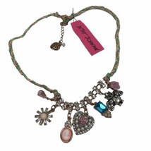 Betsey Johnson Braided Cord Multi-Colored Flower Heart Charm Necklace - £15.68 GBP