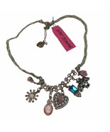 Betsey Johnson Braided Cord Multi-Colored Flower Heart Charm Necklace - £15.47 GBP