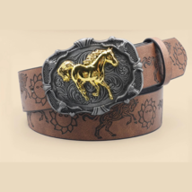 Western Cowboy Vintage Belt – Horse Carved Buckle &amp; Bohemian Print for Men - $18.81
