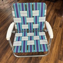 Vintage Aluminum Webbed Folding Lawn Chair Plastic Arm Blue &amp; White Striped - $65.44