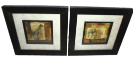 Matching African Giraffe and Elephant Framed Matted Prints Bronze Frames Square - £14.66 GBP