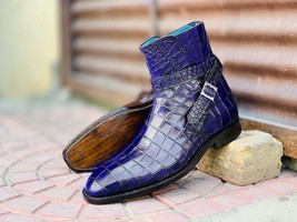 Handmade Men Blue Alligator Textured Leather Jodhpur Boots, Men Ankle High Boots - £126.01 GBP