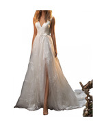  White Wedding Dress   Floor Length Bridal Gown Deep V-Neck V-Back Satin... - $4,916.68 MXN