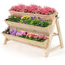 3 Tier Wooden Vertical Raised Garden Bed with Storage Shelf - Color: Natural - £122.81 GBP