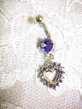 Lavender - Lilac Purple Crystal Heart Dangling Charm On Cz Belly Button Ring - £6.28 GBP
