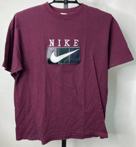 Vintage Nike Leather Logo T Shirt  Size XL Made In USA Maroon Black Stitched - £29.24 GBP