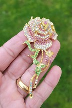 Pink Rose Brooch Lucky Vintage Look Gold Plated Celebrity Broach Queen Pin S4 - £19.21 GBP