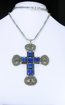 BIG Medieval etruscan necklace Lapis cross religious jewelry heavy silver chain  - £121.06 GBP