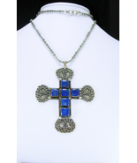 BIG Medieval etruscan necklace Lapis cross religious jewelry heavy silve... - £124.50 GBP