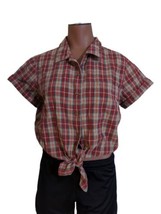 Abercrombie &amp; Fitch women&#39;s red tan green plaid tie front cropped button shirt M - $15.58