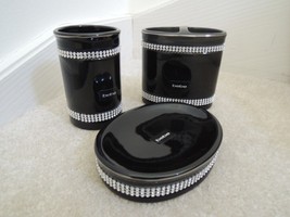 Bebe 3 Pc Bathroom Set Black Ceramic + Rhinestone Soap Dish/Tumbler/Holder NEW - £71.67 GBP