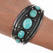 6.75&quot; Vintage Native American Modernist silver and turquoise cuff bracelet - £401.84 GBP