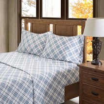 4 Piece Blue White Tartan Plaid Flannel Sheet King Set Grey Buffalo Plaid - £56.75 GBP