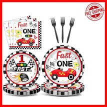 Complete Fast One Racing Car Themed Tableware for 1st Birthday Parties -... - $576.72 MXN