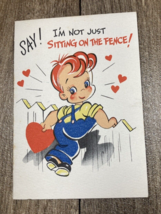 Vintage Valentine Boy on Fence All Out for You 1930s - $5.49