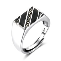 Kinel Real Pure Mens Ring Silver 925 Natural Black Zircon Enamel Jewelry Vintage - £18.47 GBP