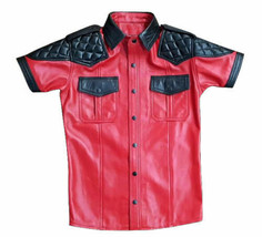 Men's Police Shirt Real Red Lambskin Leather Padded Gay Schwarz Black - $99.99