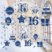 Blue Silver 16Th Birthday Hanging Swirls Decorations For Boys, 16Pcs Happy 16 Ye - £21.93 GBP