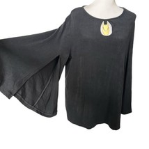 Chico&#39;s Travelers Slinky Top Black Gold Accent Flare Bell Split Sleeve Size 3 XL - £23.65 GBP