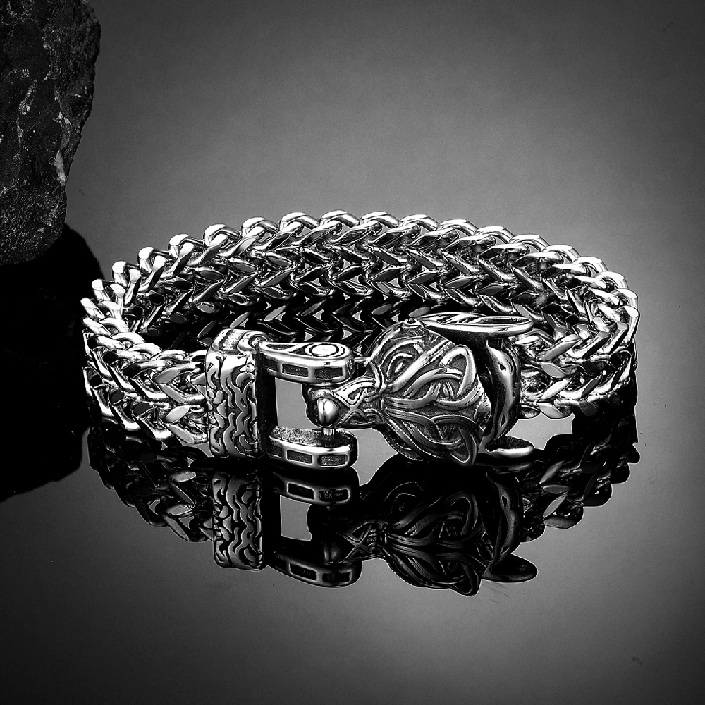 Never Fade Norse Celtic Wolf Head Bracelet Men&#39;s Stainless Steel Mesh Chain Crea - £30.58 GBP