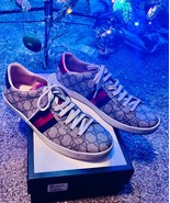 Gucci GG supreme tan monogram sneakers with red and blue backs. - $397.38