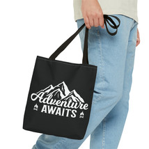 Adventure Awaits Tote Bag, Nature Mountains Pine Tree Silhouette, Black ... - $21.63+